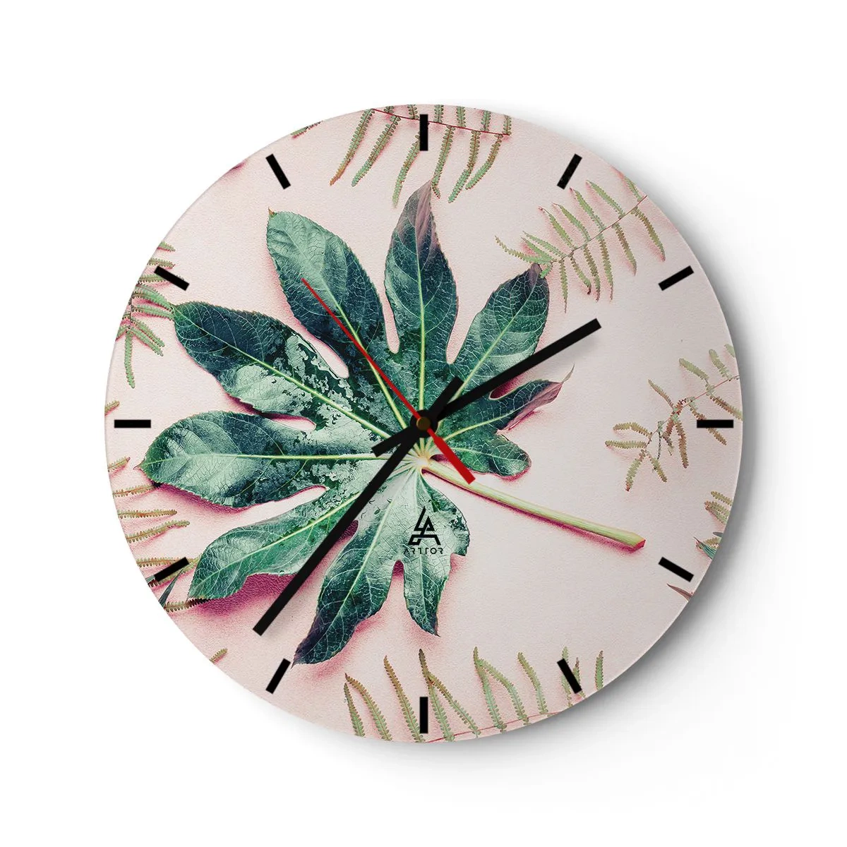 Relógio de parede - Relógio em vidro - Uma grande folha verde sobre um fundo rosa claro com detalhes florais. - 30x30cm - Estudo do verde em um fundo rosa - Decoração de parede moderna para a sala de estar, cozinha e quarto ARTTOR