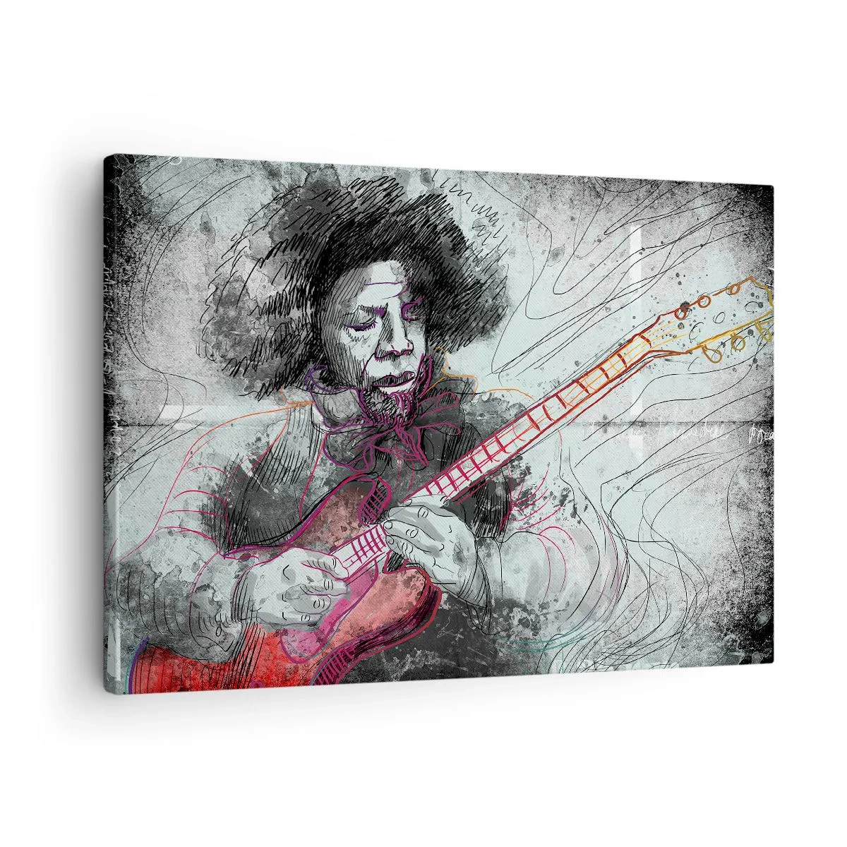 Quadro em tela - Retrato artístico de um guitarrista na técnica de esboço - 70x50cm - Nas ondas da música - Decoração de parede moderna para a sala de estar e quarto ARTTOR
