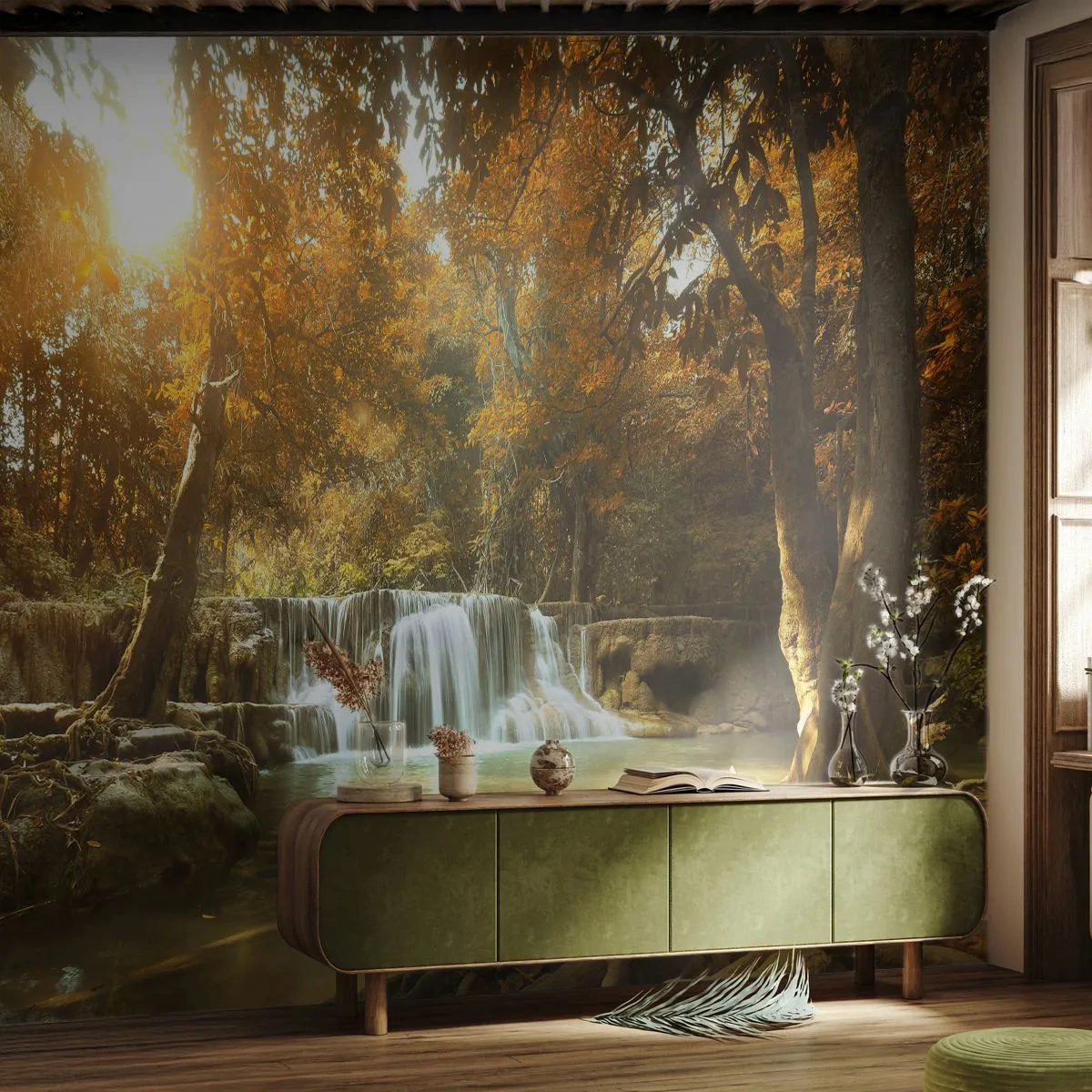 Papel de Parede Premium Sand - A cascata do parque - Paisagem, Cachoeira, Floresta - 300x210 cm