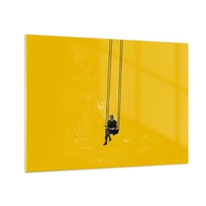 Quadro em vidro - Uma figura em um balanço pendurada em um fundo amarelo - 70x50cm - Dia como todos os dias - Decoração de parede moderna para a sala de estar e quarto ARTTOR