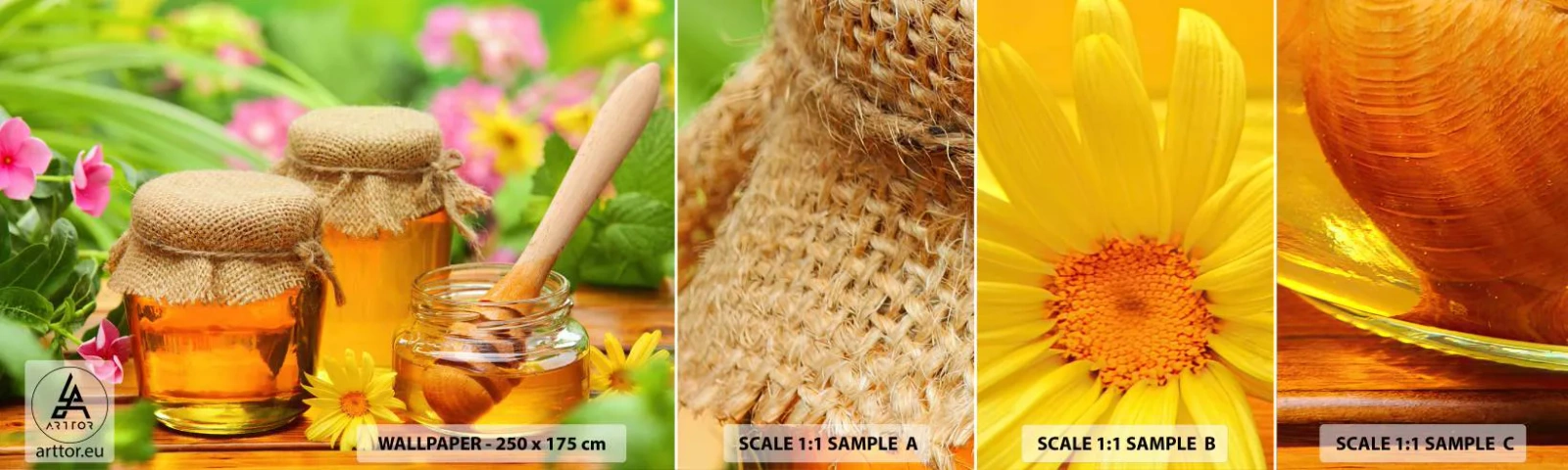 Amostra de papel de parede autocolante Deluxe Sticker - Doce e floral - Gastronomia, Mel, Flores - 100x30 cm