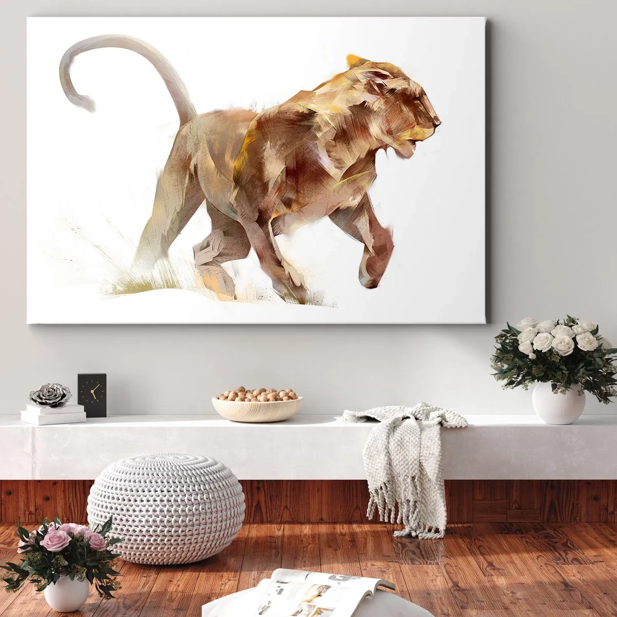 Quadro em tela - Uma leoa correndo em uma interpretação artística - 70x50cm - Graça selvagem - Decoração de parede moderna para a sala de estar e quarto ARTTOR