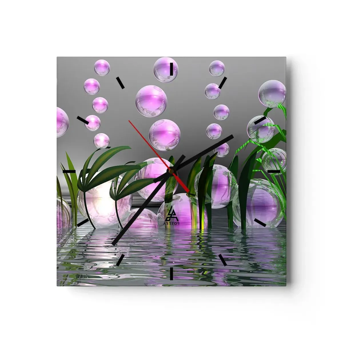 Relógio de parede - Relógio em vidro - Composição reflexiva da leveza e da vida - 30x30 cm