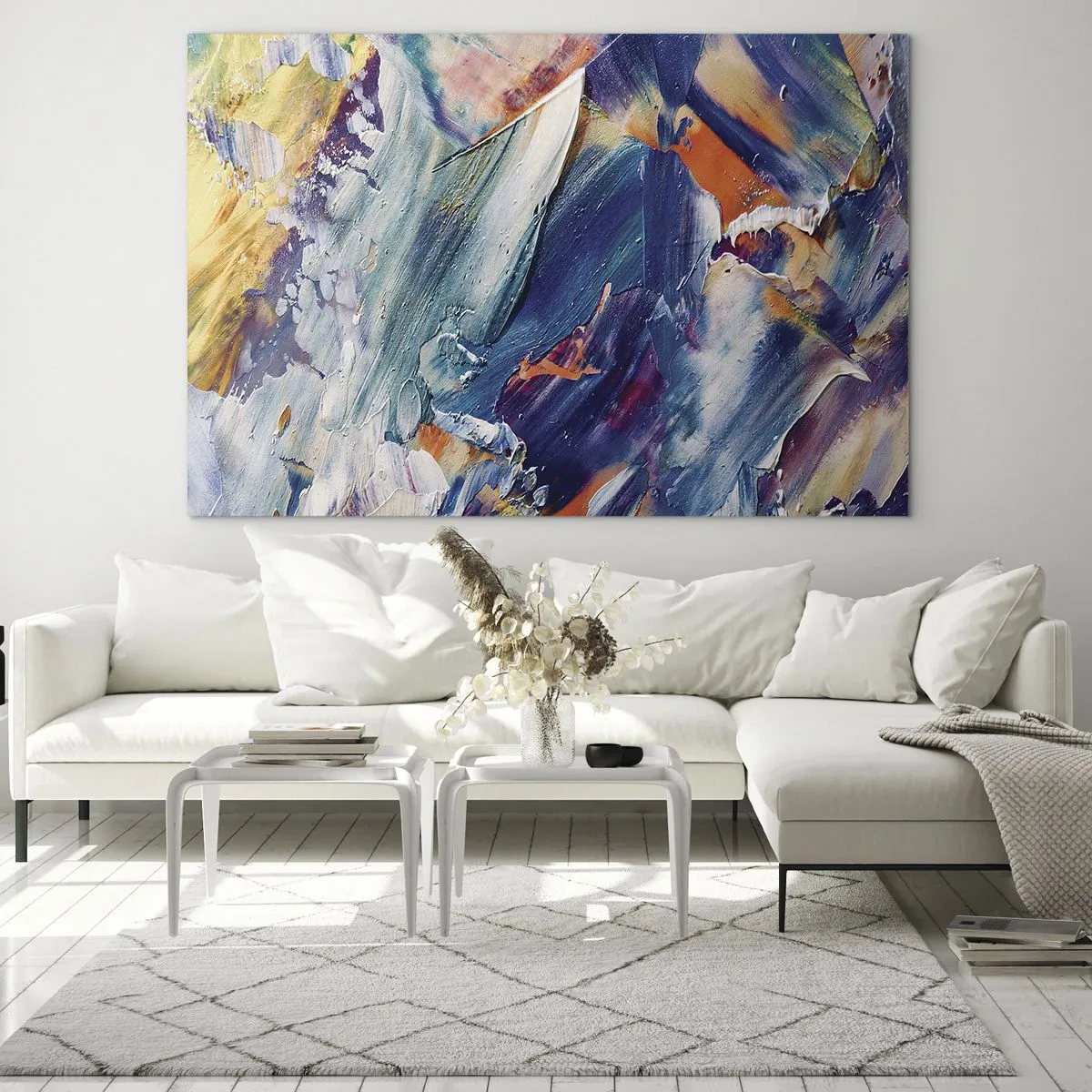 Quadro em vidro - Abstração dinâmica com pinceladas grossas - 70x50cm - Confusão de cores - Decoração de parede moderna para a sala de estar e quarto ARTTOR