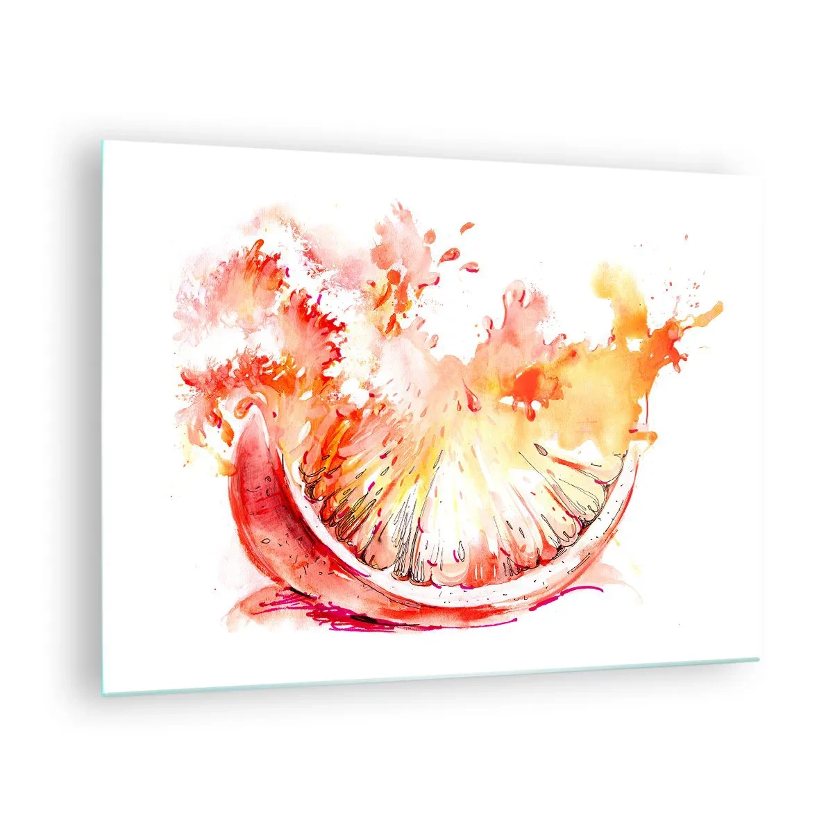 Quadro em vidro - Pintura em aquarela de um suculento segmento de toranja em movimento - 70x50cm - Refresco suculento - Decoração de parede moderna para a sala de estar e quarto ARTTOR
