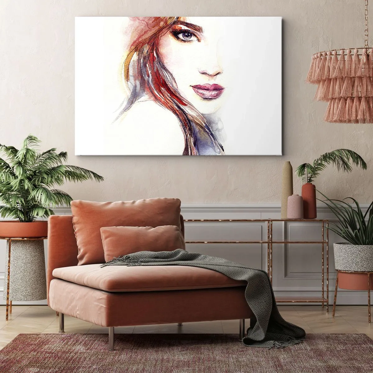 Quadro em tela - Uma aquarela sutil do rosto de uma mulher com um olhar expressivo. - 70x50cm - Vademecum - siga-me - Decoração de parede moderna para a sala de estar e quarto ARTTOR