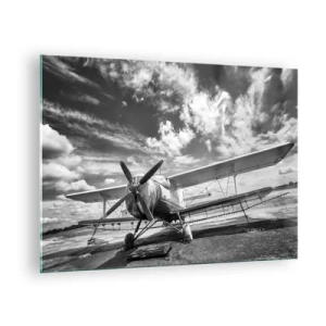 Quadro em vidro - Foto em preto e branco de um biplano clássico - 70x50cm - Mal posso esperar! - Decoração de parede moderna para a sala de estar e quarto ARTTOR
