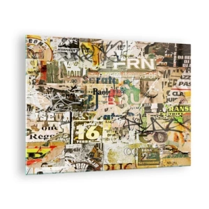 Quadro em vidro - Uma composição artística de cartazes, inscrições e grafites - 70x50cm - O caos - Decoração de parede moderna para a sala de estar e quarto ARTTOR