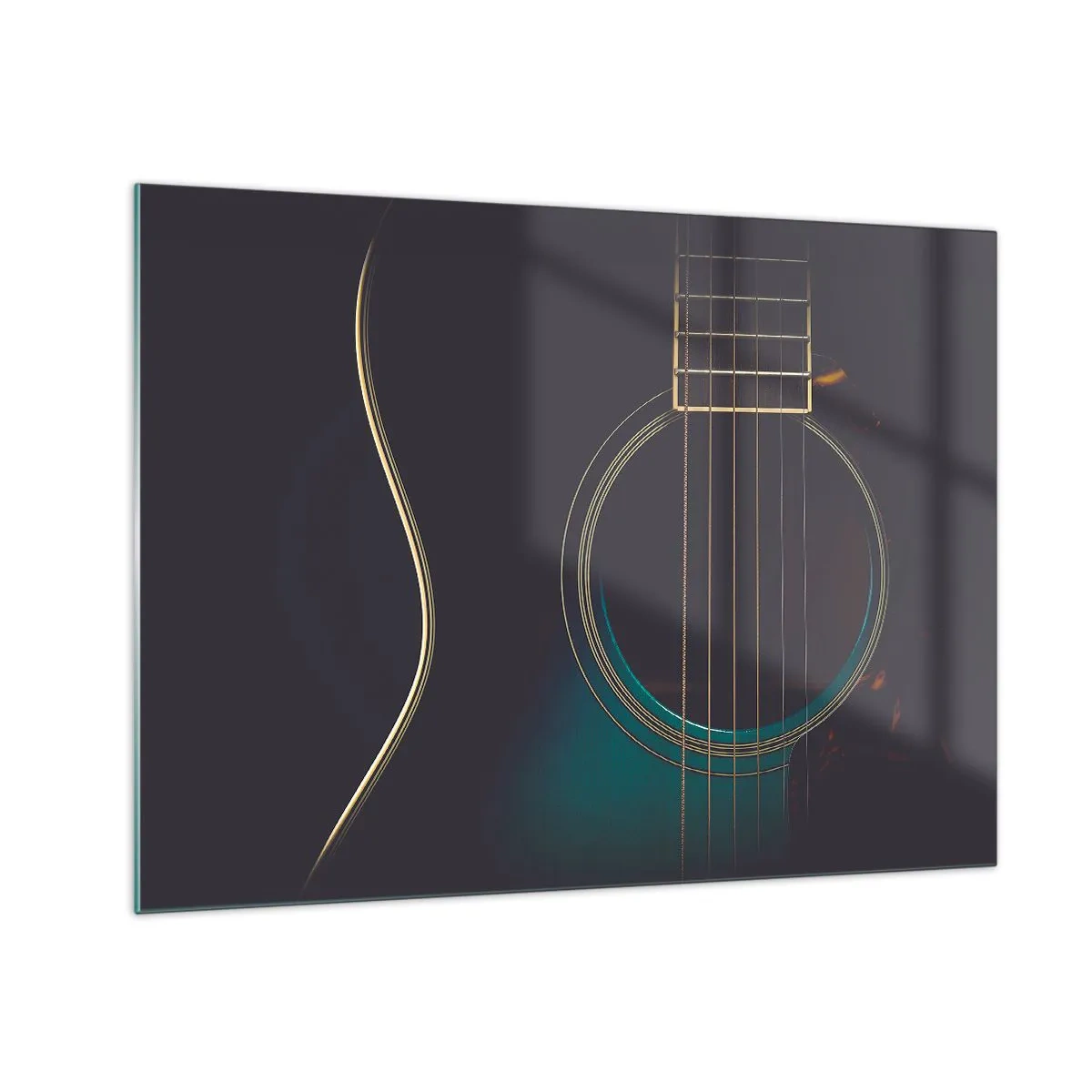 Quadro em vidro - Close-up de um violão acústico preto com detalhes de cordas - 70x50cm - Um momento antes de soar - Decoração de parede moderna para a sala de estar e quarto ARTTOR