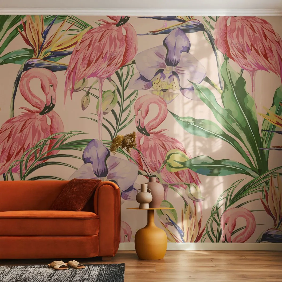 Papel de Parede Premium Canvas - Balé rosa em flores - Pássaro, Flamingo, Selva - 250x175 cm