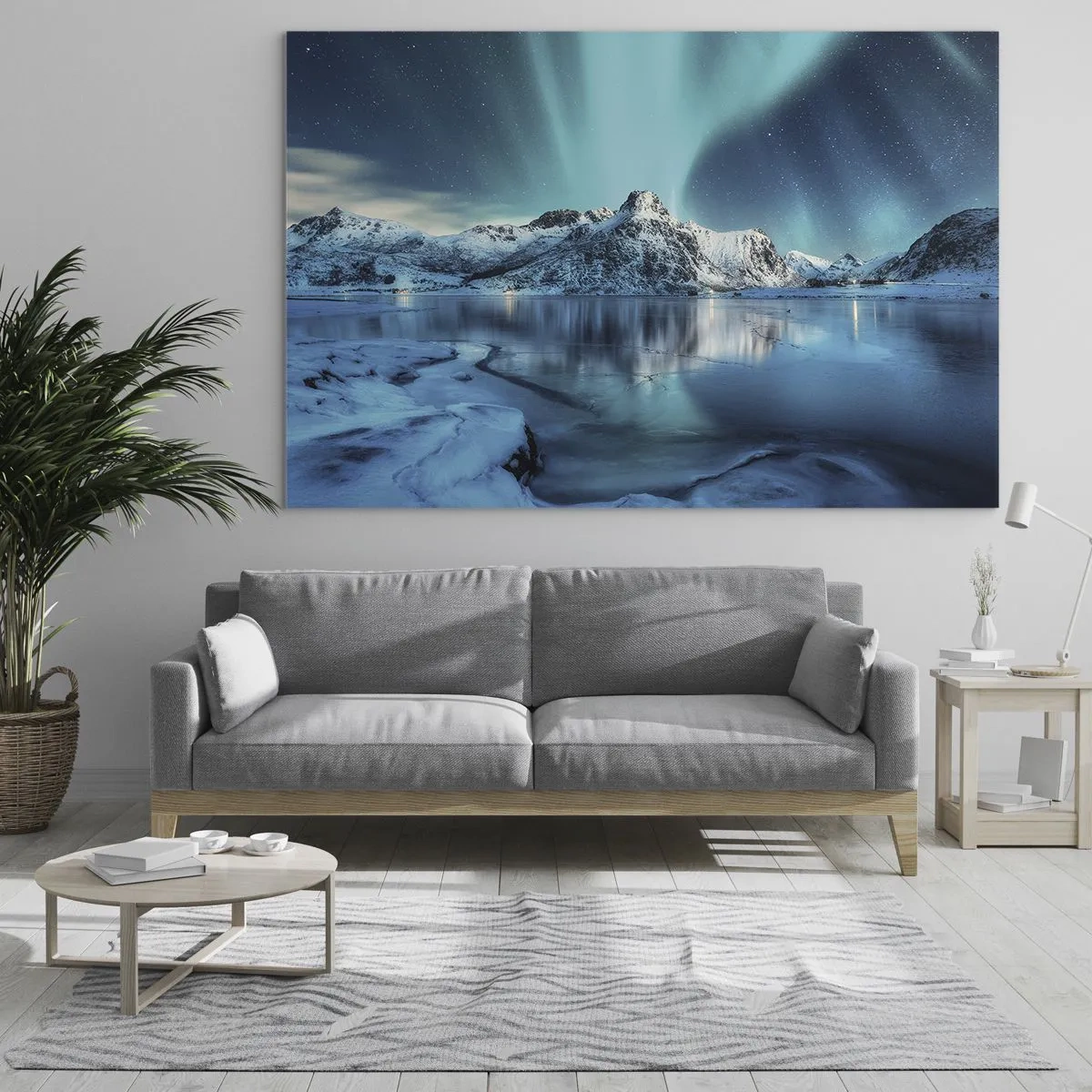 Quadro em vidro - Aurora Boreal sobre as montanhas cobertas de neve - 70x50cm - Noite de Luz - Decoração de parede moderna para a sala de estar e quarto ARTTOR