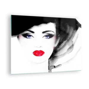 Quadro em vidro - Retrato de uma mulher com lábios vermelhos expressivos e um chapéu preto - 70x50cm - Repulsa e convoca - Decoração de parede moderna para a sala de estar e quarto ARTTOR