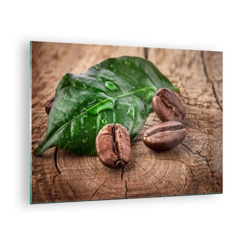Quadro em vidro - Grãos de café em um fundo de folha e madeira - 70x50cm - Preto e verdadeiro - Decoração de parede moderna para a sala de estar e quarto ARTTOR