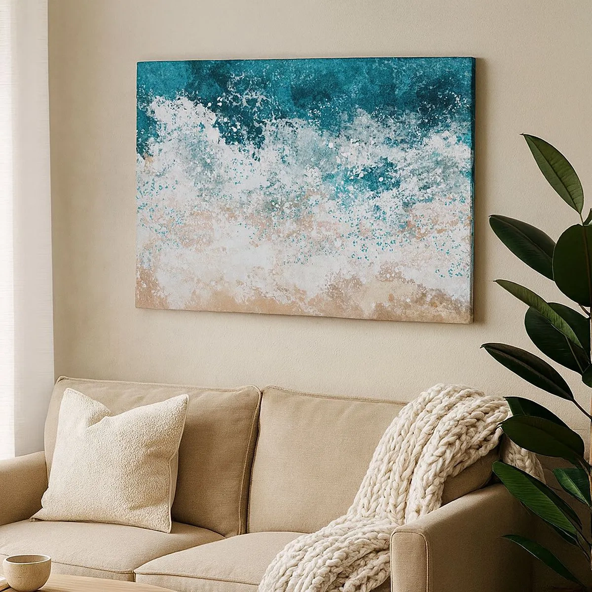 Quadro em tela - Onda abstrata do mar em tons de turquesa e bege - 70x50cm - Histórias do mar - Decoração de parede moderna para a sala de estar e quarto ARTTOR