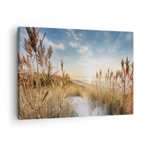 Quadro em tela - Uma praia pitoresca com grama e o pôr do sol - 70x50cm - Praia do Norte - Decoração de parede moderna para a sala de estar e quarto ARTTOR