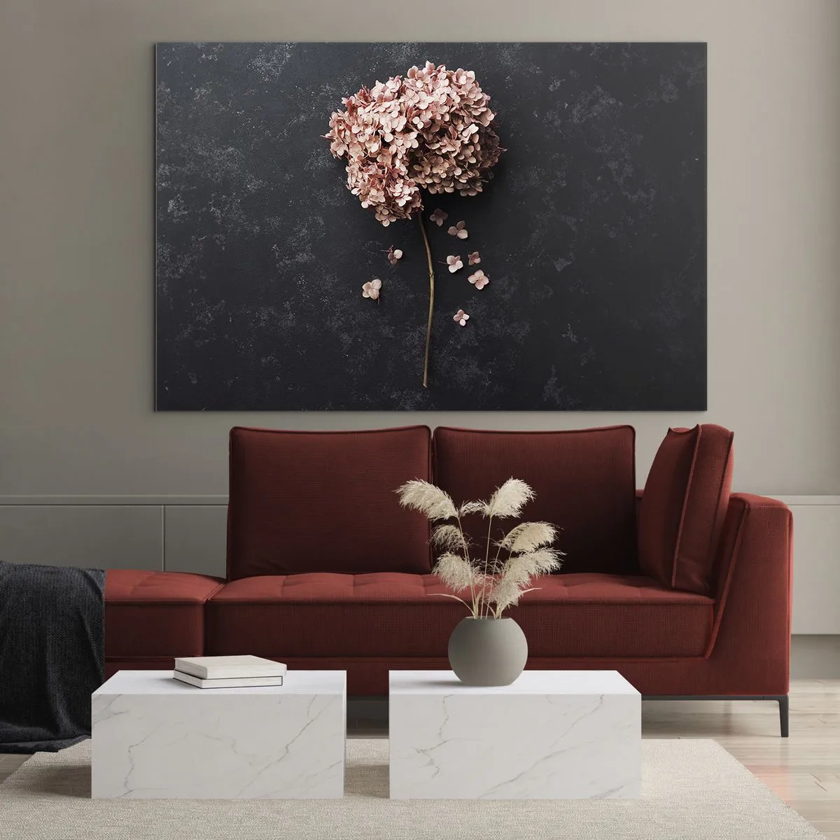 Quadro em vidro - Hortênsia seca com pétalas espalhadas sobre fundo escuro - 70x50cm - Um sinal verdadeiramente romântico - Decoração de parede moderna para a sala de estar e quarto ARTTOR