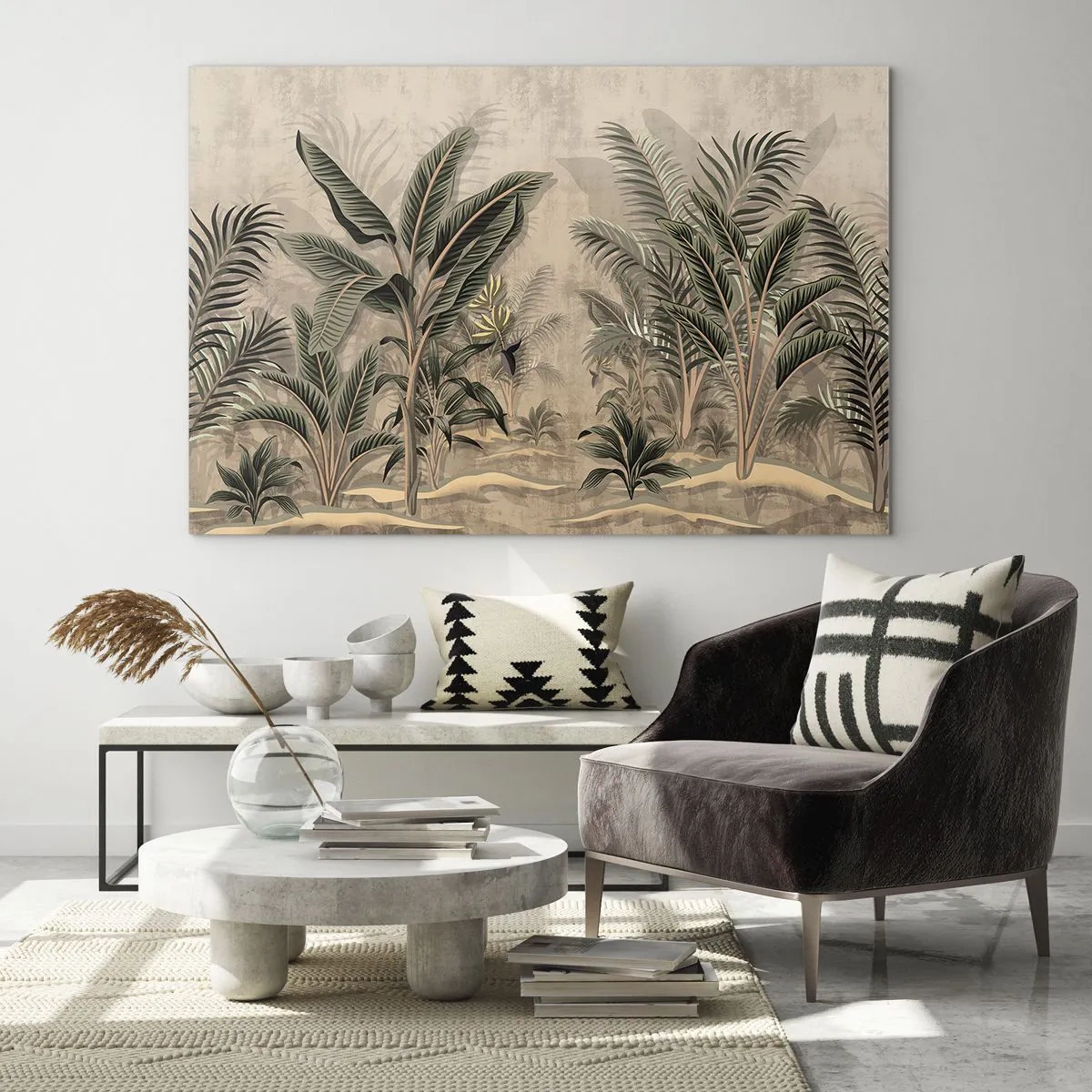 Quadro em vidro - Plantas tropicais em fundo bege em estilo colonial - 70x50cm - Gravura em estilo colonial - Decoração de parede moderna para a sala de estar e quarto ARTTOR