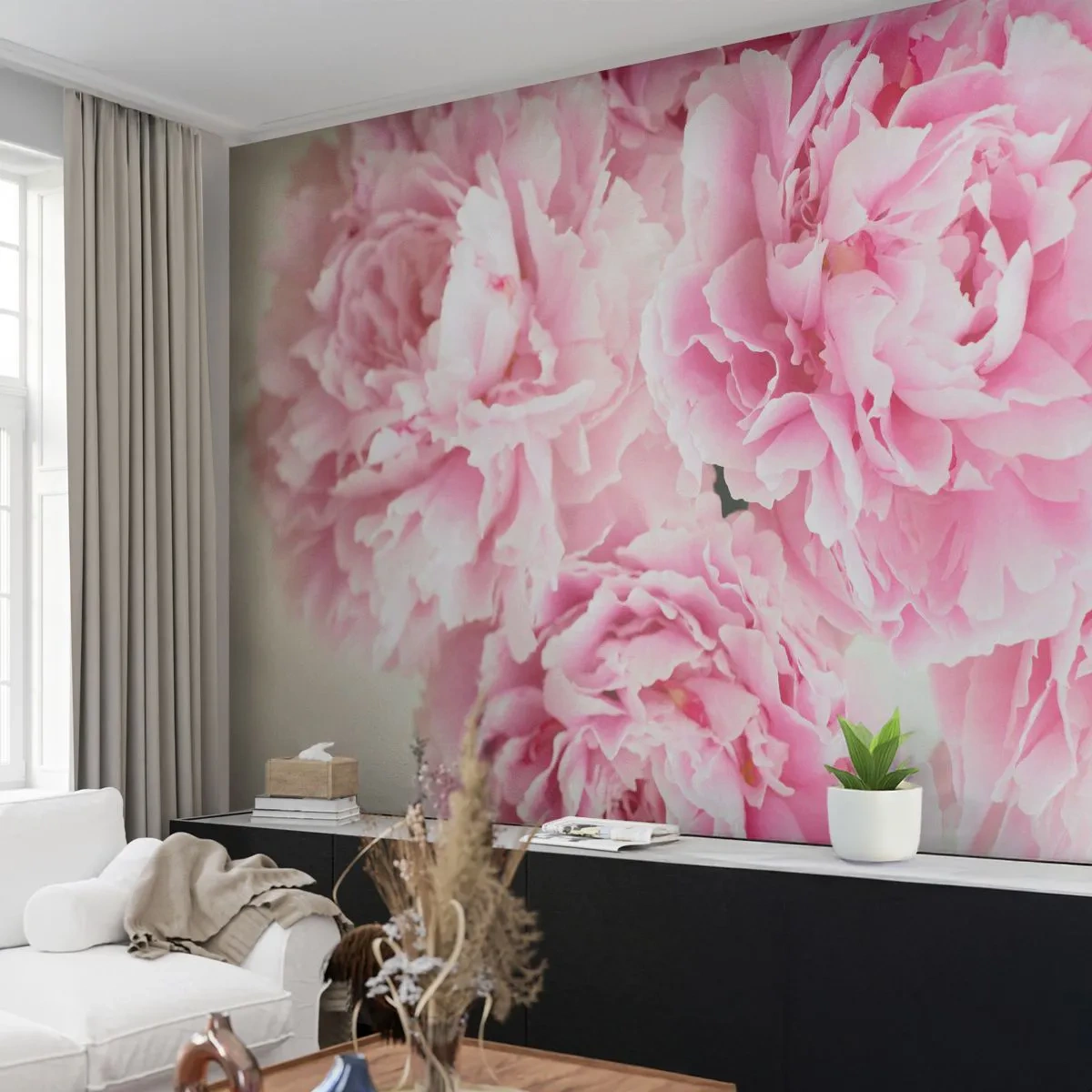 Papel de Parede Autocolante Deluxe Sticker - Em esplendor rosa - Peônias, Buquê de flores, Flores - 350x256 cm