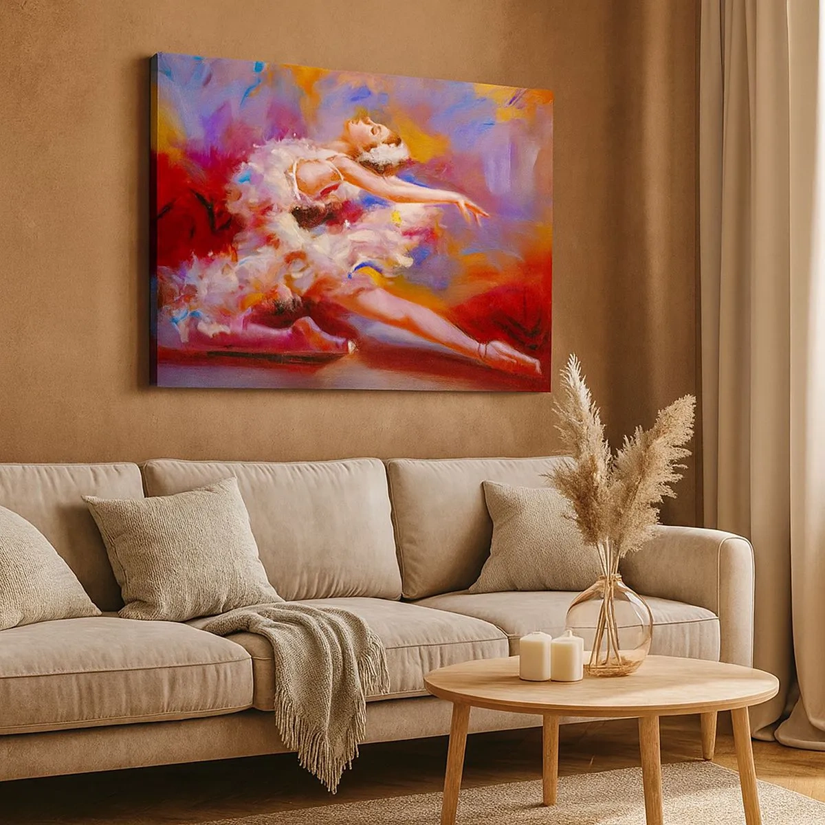 Quadro em tela - Uma bailarina em uma pose dinâmica entre cores pastéis. - 70x50cm - A graça do cisne - Decoração de parede moderna para a sala de estar e quarto ARTTOR