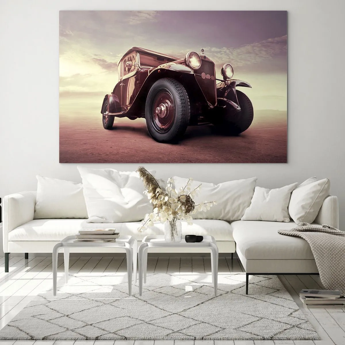 Quadro em vidro - Carro clássico icônico em tons sépia ao ar livre - 70x50cm - Voltemos aos velhos tempos.... - Decoração de parede moderna para a sala de estar e quarto ARTTOR