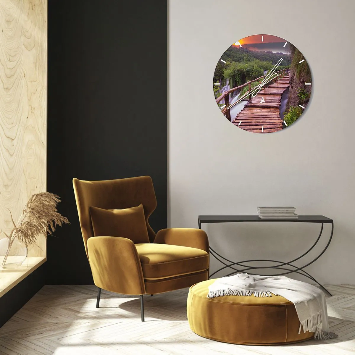 Relógio de parede - Relógio em vidro - Passarela de madeira sobre cachoeiras na floresta ao pôr do sol - 30x30cm - Beleza inacreditável - Decoração de parede moderna para a sala de estar, cozinha e quarto ARTTOR