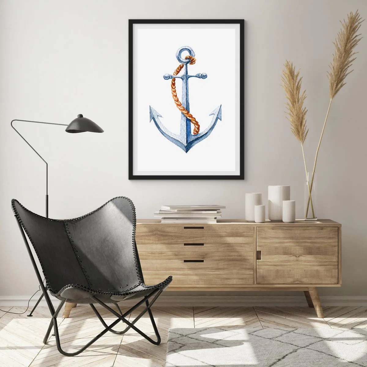 Pôster com moldura preta - Âncora com corda em estilo aquarela - 50x70cm - Ahoy aventura! - Decoração de parede moderna para a sala de estar e quarto ARTTOR