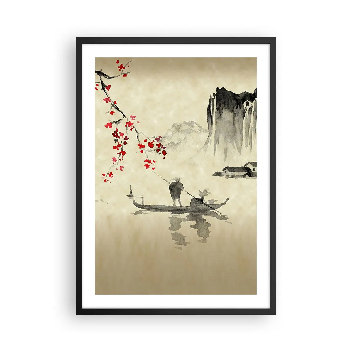 Pôster com moldura preta - Cena oriental com pescadores em um barco - 50x70cm - Na terra do sol nascente - Decoração de parede moderna para a sala de estar e quarto ARTTOR
