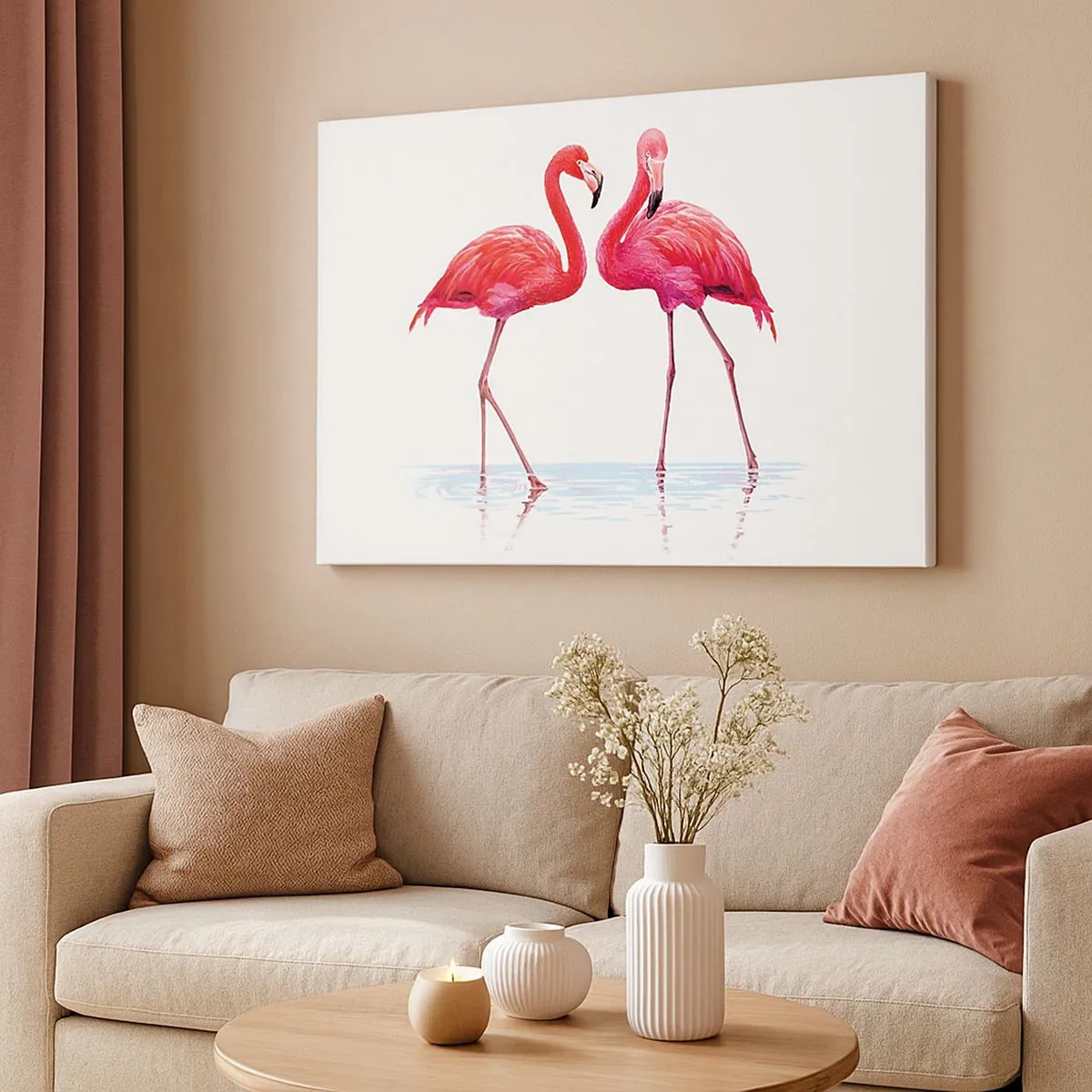 Quadro em tela - Um par de flamingos na água contra um fundo claro - 70x50cm - Rosa randez-vous - Decoração de parede moderna para a sala de estar e quarto ARTTOR