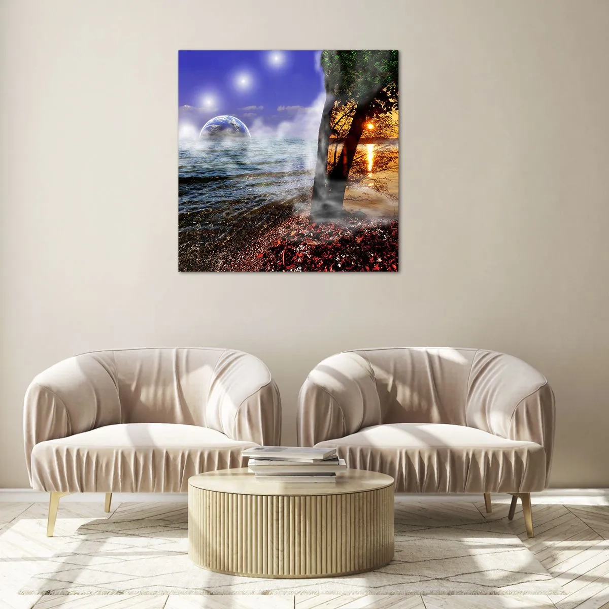 Quadro em vidro - Paisagem surrealista - a unidade da natureza - 50x50 cm