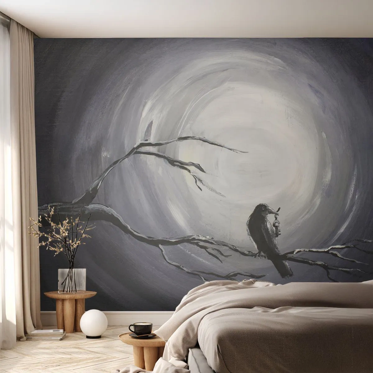 Papel de Parede Premium Sand - A chave para o mistério da noite - Abstração, Corvo, Pássaro - 150x105 cm