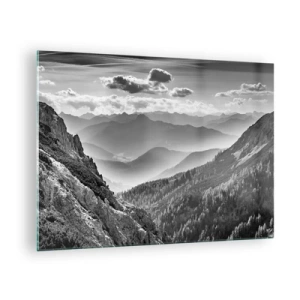 Quadro em vidro - Panorama de montanha em preto e branco com vista para o vale - 70x50cm - Até ao horizonte - Decoração de parede moderna para a sala de estar e quarto ARTTOR