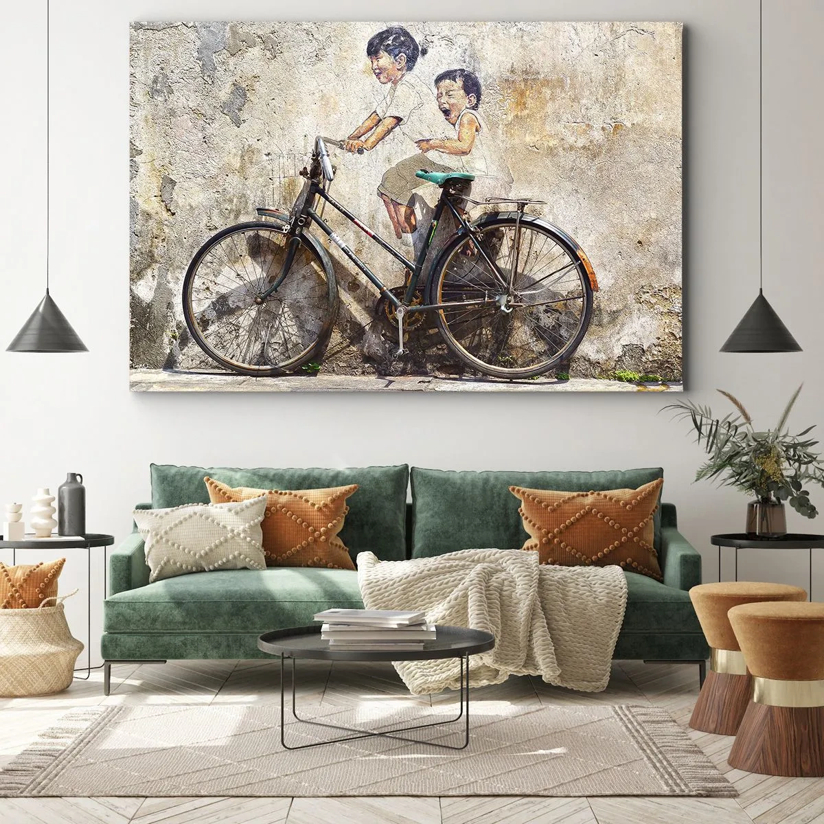 Quadro em tela - Arte de rua com bicicleta e desenhos infantis na parede - 70x50cm - Verdadeiro ou falso? - Decoração de parede moderna para a sala de estar e quarto ARTTOR