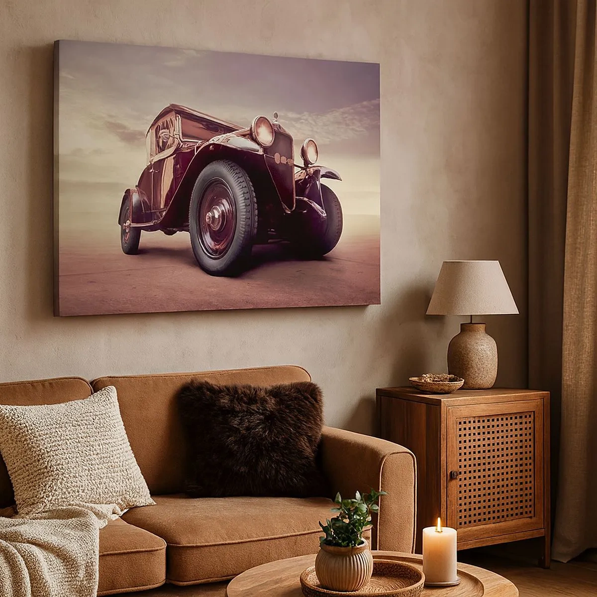 Quadro em tela - Um carro antigo em estilo clássico contra o céu - 70x50cm - Voltemos aos velhos tempos.... - Decoração de parede moderna para a sala de estar e quarto ARTTOR