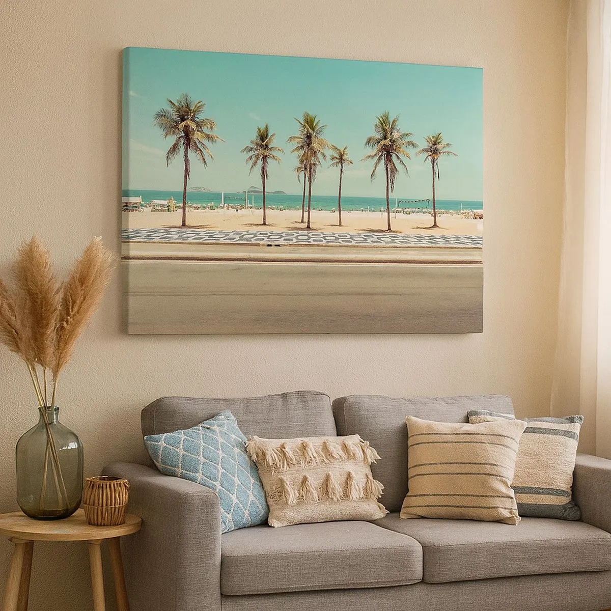 Quadro em tela - Palmeiras na praia com vista para o mar e o céu azul - 70x50cm - Em guarda da praia - Decoração de parede moderna para a sala de estar e quarto ARTTOR