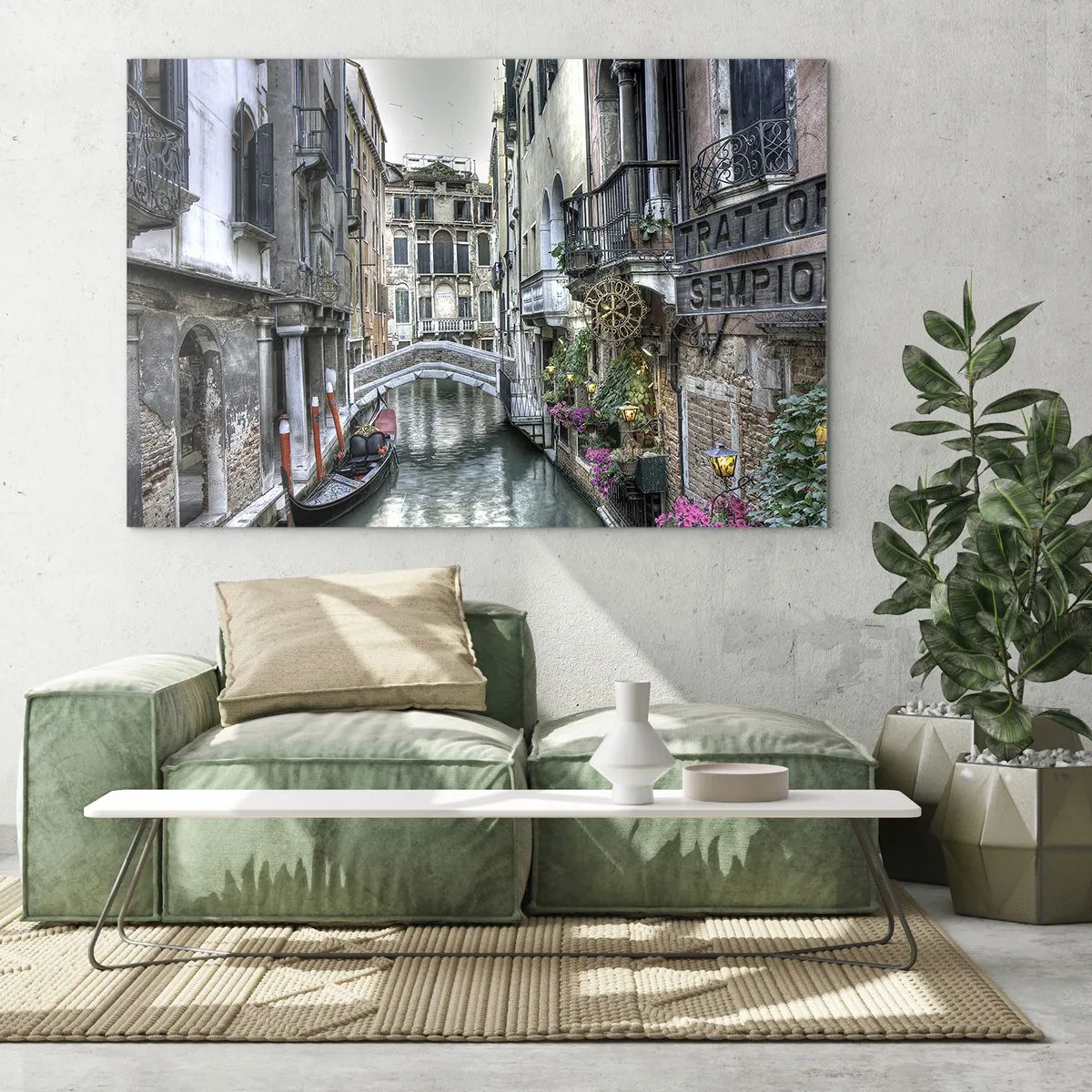 Quadro em vidro - Vista romântica de um canal veneziano com uma gôndola - 70x50cm - Há séculos em devaneio silencioso - Decoração de parede moderna para a sala de estar e quarto ARTTOR