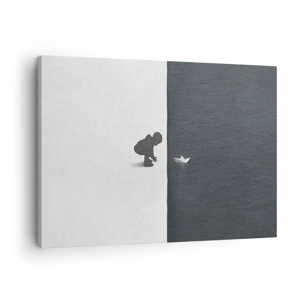 Quadro em tela - Figura de uma criança com um barquinho de papel contra um fundo de metades contrastantes - 70x50cm - Grande expedição - Decoração de parede moderna para a sala de estar e quarto ARTTOR