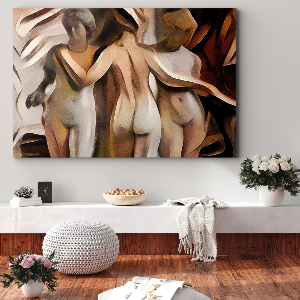 Quadro em tela - Uma cena abstrata com três figuras em cores quentes. - 70x50cm - Três Graças 2.0 - Decoração de parede moderna para a sala de estar e quarto ARTTOR