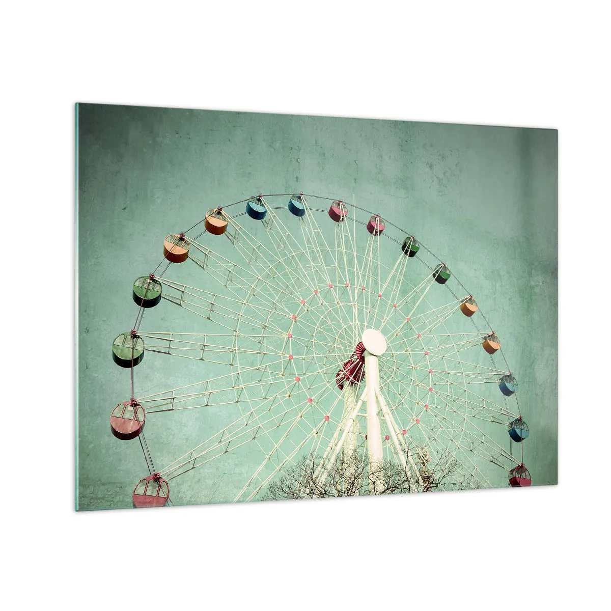 Quadro em vidro - Uma roda gigante colorida sobre um fundo verde pastel - 70x50cm - Diverte-te - Decoração de parede moderna para a sala de estar e quarto ARTTOR