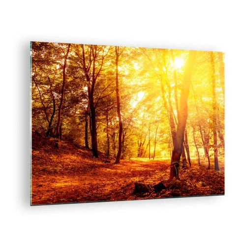 Quadro em vidro - Floresta de outono iluminada pelo brilho quente do sol - 70x50cm - Rumo à clareira dourada - Decoração de parede moderna para a sala de estar e quarto ARTTOR