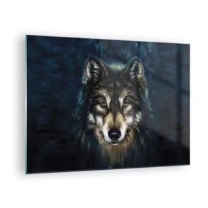 Quadro em vidro - Um lobo contra um fundo escuro de floresta em um estilo realista. - 70x50cm - Alfa? E ómega - Decoração de parede moderna para a sala de estar e quarto ARTTOR