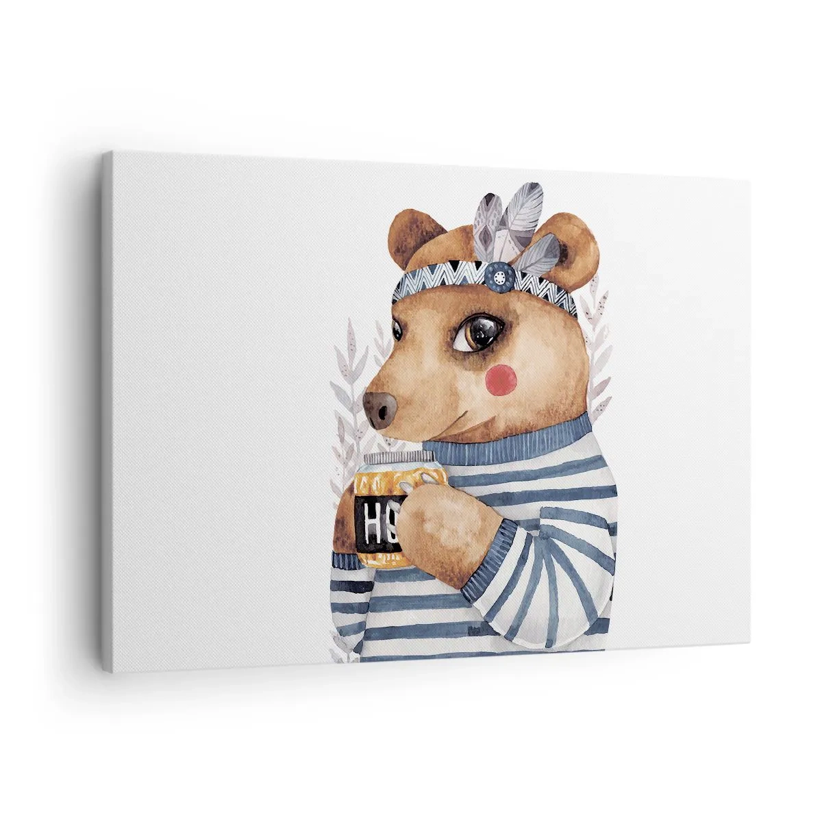 Quadro em tela - Um ursinho de pelúcia com um suéter listrado e uma xícara de mel - 70x50cm - Doce ursa - Decoração de parede moderna para a sala de estar e quarto ARTTOR