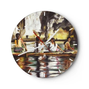 Relógio de parede - Relógio em vidro - Mulheres em um barco em uma paisagem tropical com água e pedras - 30x30cm - Num paraíso polinésio - Decoração de parede moderna para a sala de estar, cozinha e quarto ARTTOR