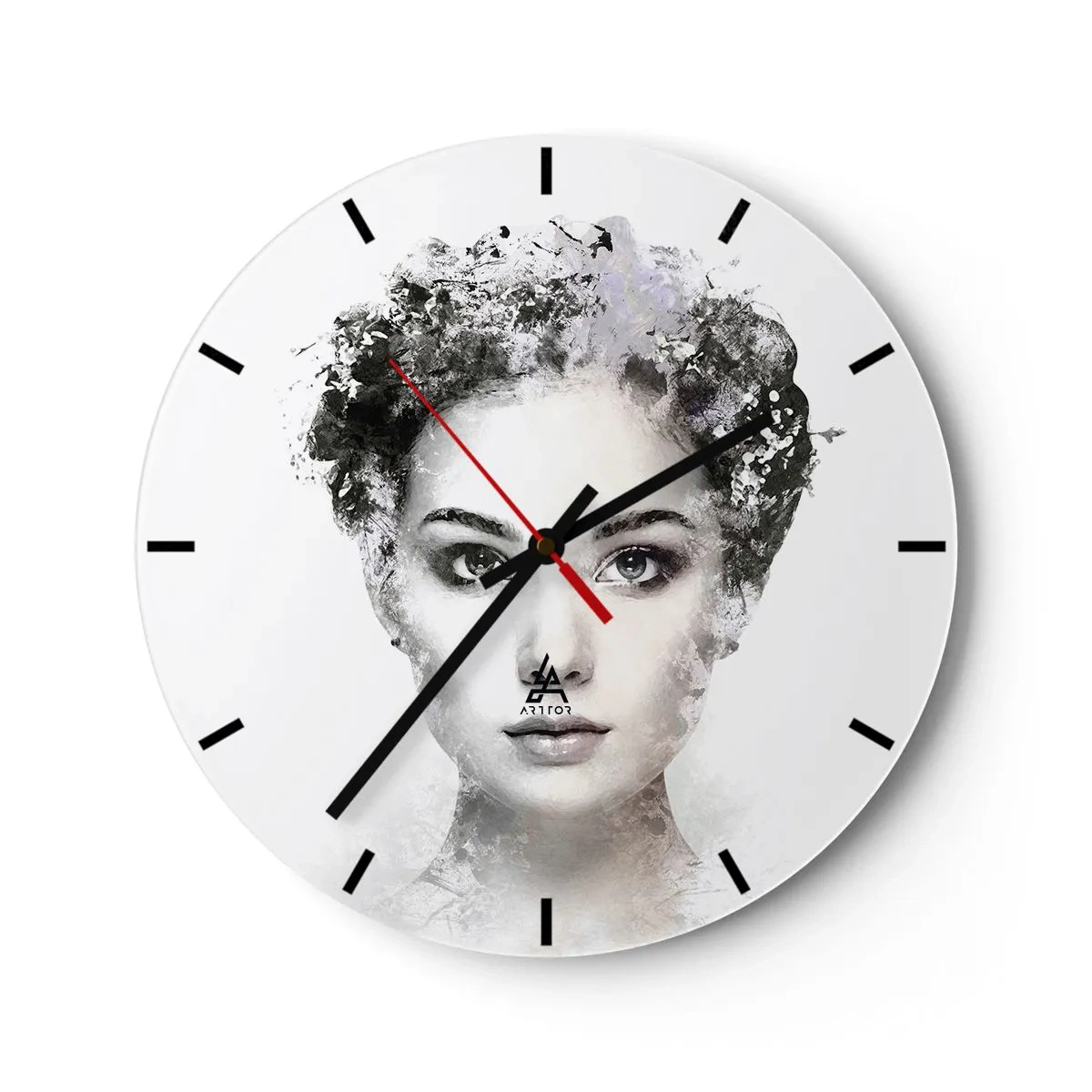 Relógio de parede - Relógio em vidro - Retrato artístico de uma mulher com efeitos de desfoque e textura - 30x30cm - Um retrato extremamente elegante - Decoração de parede moderna para a sala de estar, cozinha e quarto ARTTOR