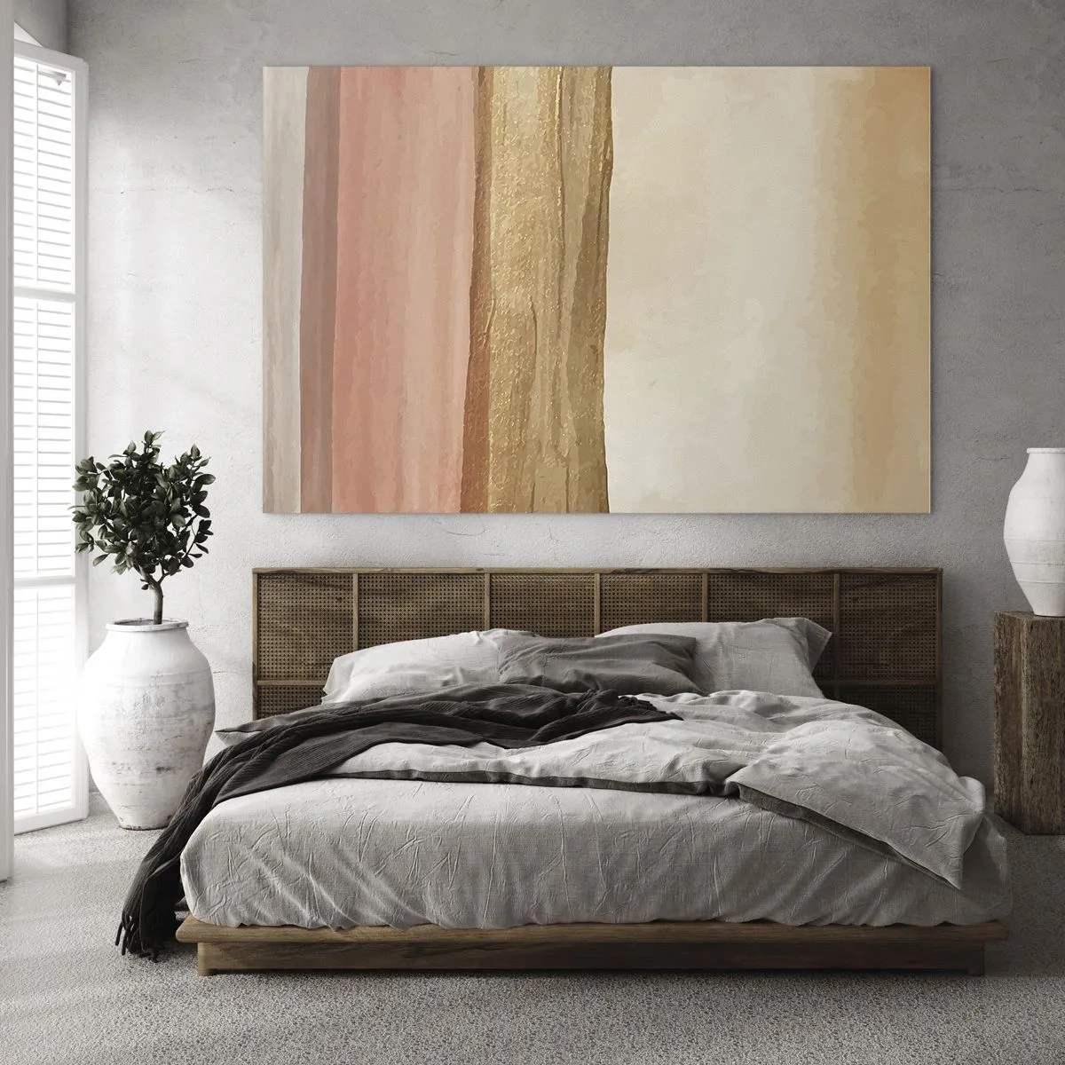 Quadro em vidro - Listras abstratas em tons quentes de bege e dourado - 70x50cm - Composição vertical - Decoração de parede moderna para a sala de estar e quarto ARTTOR