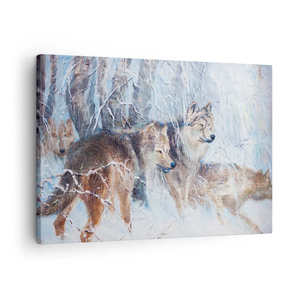 Quadro em tela - Lobos em uma floresta de inverno com fundo de neve - 70x50cm - Atenção! Está a vir... - Decoração de parede moderna para a sala de estar e quarto ARTTOR