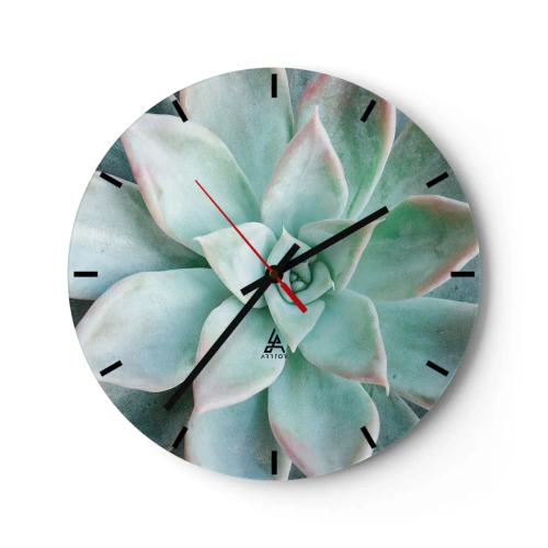 Relógio de parede - Relógio em vidro - Fotografia macro de uma suculenta verde com detalhes em rosa - 30x30cm - O coração do deserto - Decoração de parede moderna para a sala de estar, cozinha e quarto ARTTOR