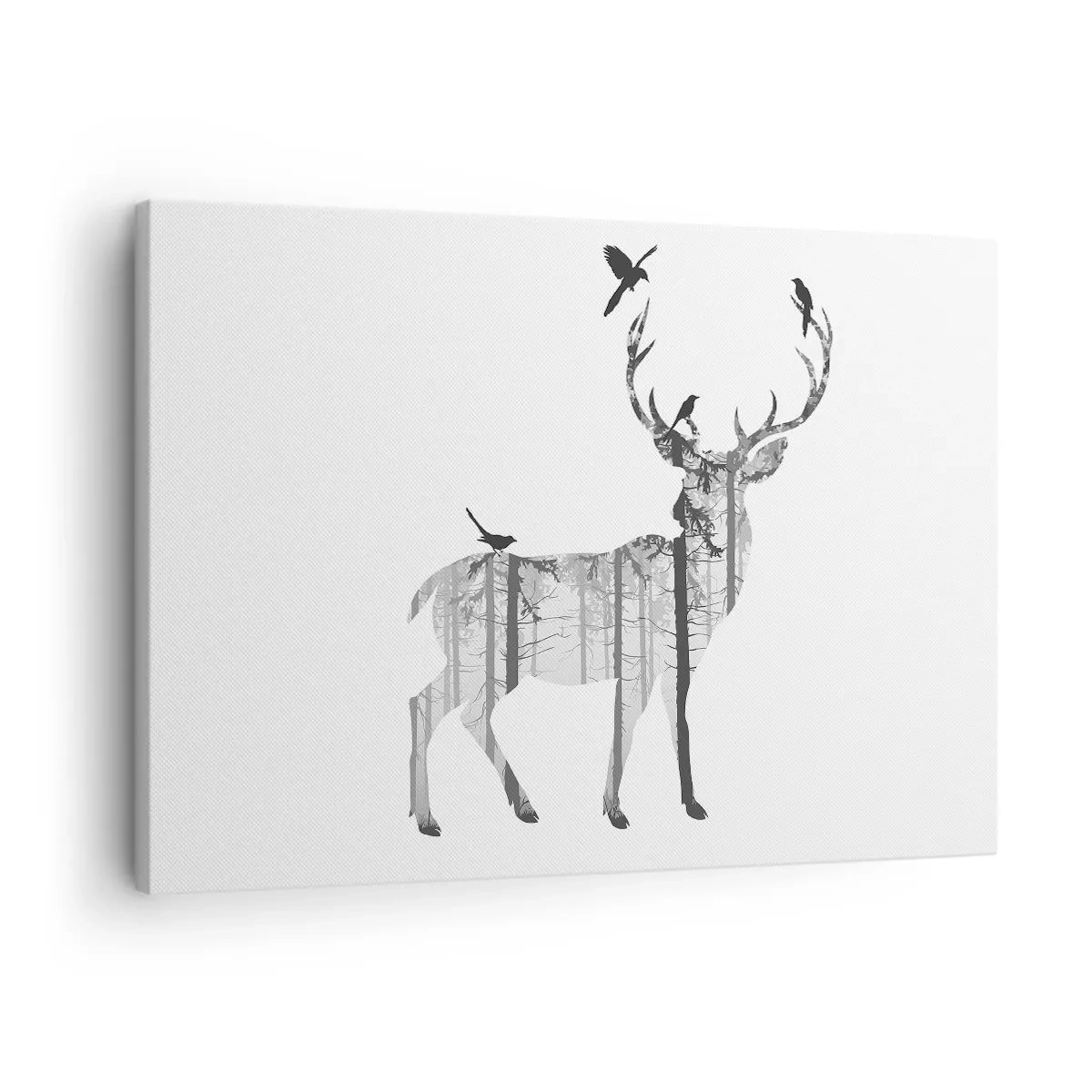 Quadro em tela - Silhueta de um veado com floresta e pássaros - 70x50cm - Bom espírito da floresta - Decoração de parede moderna para a sala de estar e quarto ARTTOR