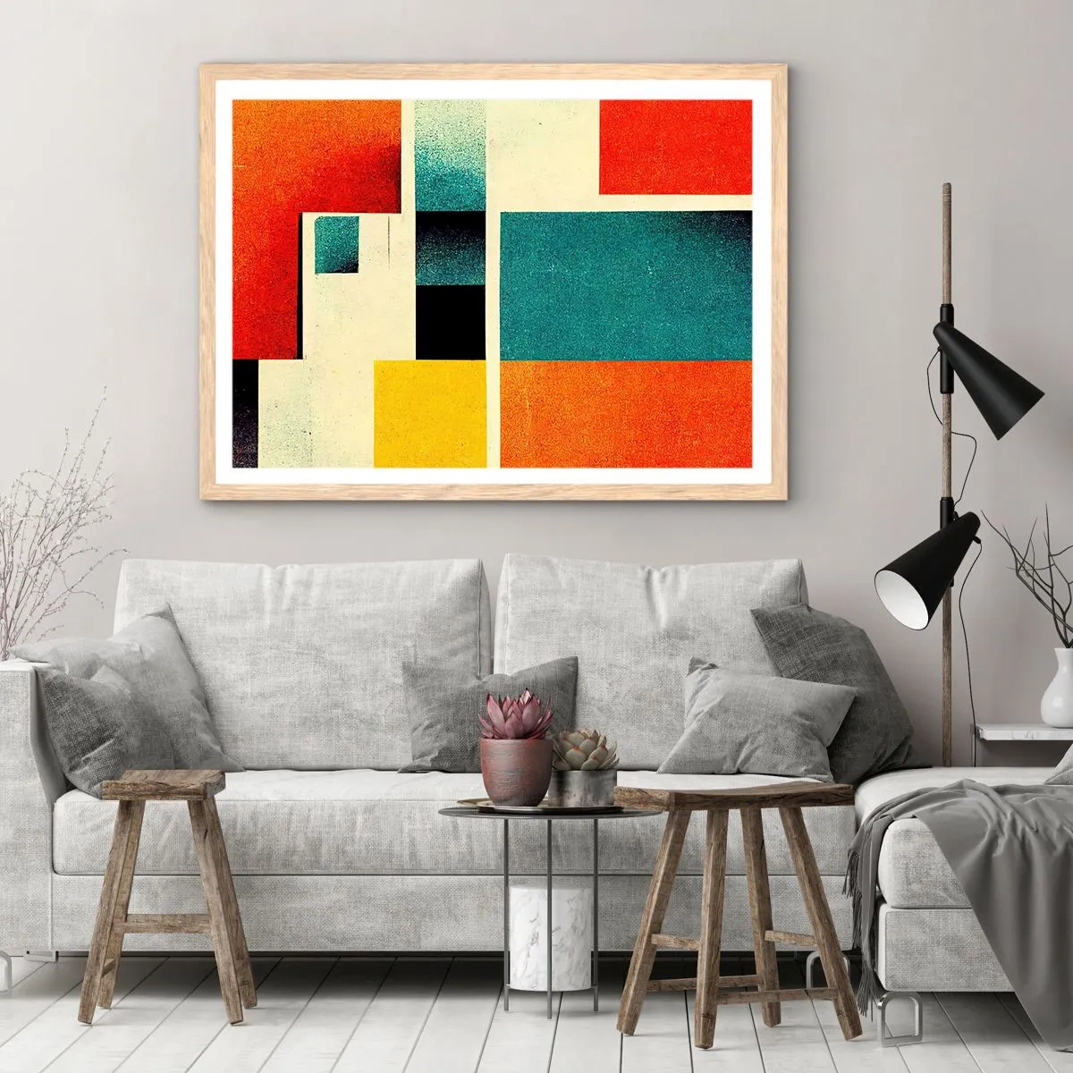 Pôster com moldura de carvalho claro - Abstração geométrica – boa energia - 70x50 cm
