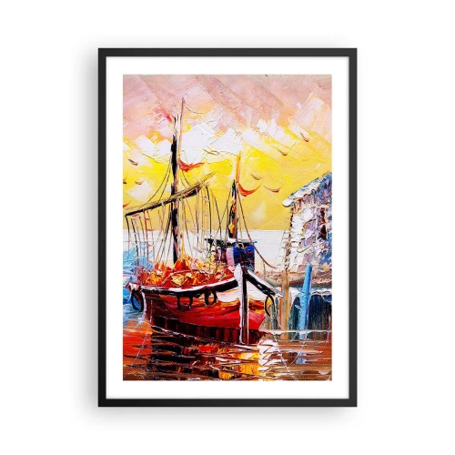 Pôster com moldura preta - Um navio pitoresco com o pôr do sol como pano de fundo - 50x70cm - Feliz retorno - Decoração de parede moderna para a sala de estar e quarto ARTTOR