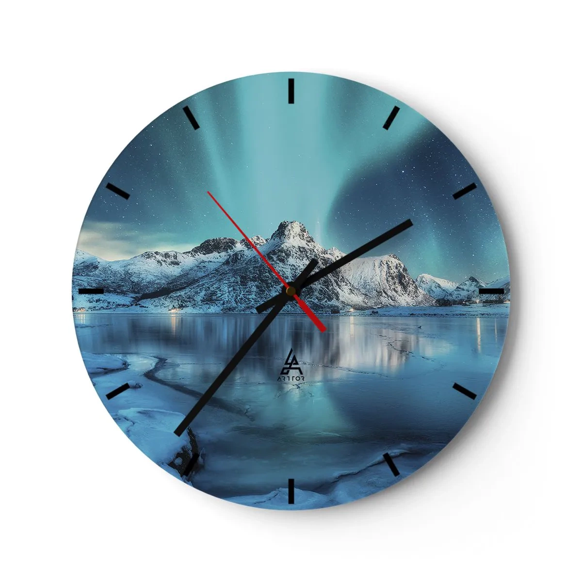 Relógio de parede - Relógio em vidro - Aurora Boreal sobre montanhas cobertas de neve e um lago congelado - 30x30cm - Noite de Luz - Decoração de parede moderna para a sala de estar, cozinha e quarto ARTTOR